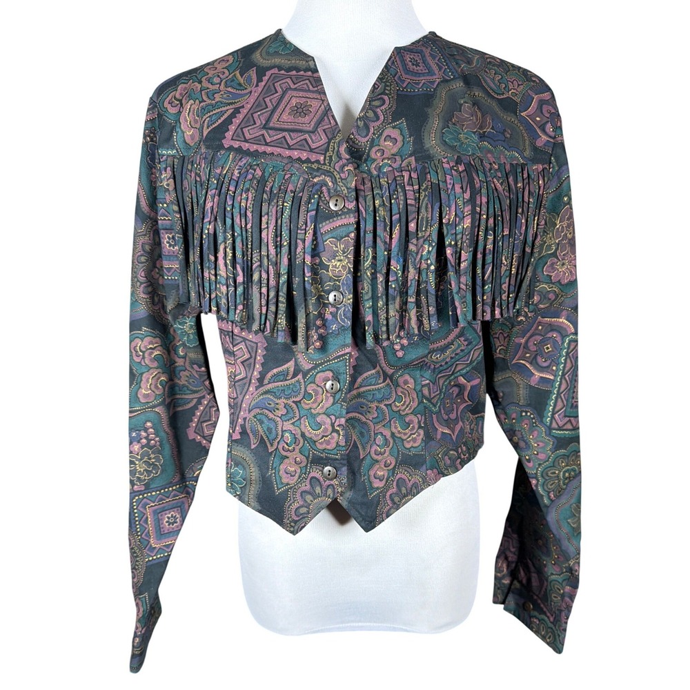 Roughrider by‎ Circle T Vintage Western Fringe Paisley Cropped Shirt Large 4113